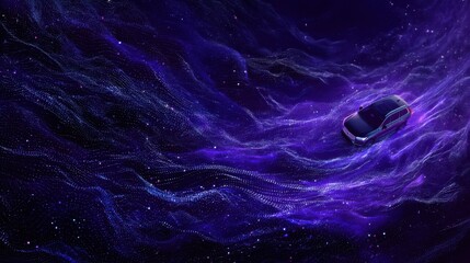 Aufkleber - A dark-blue SUV drives across a digital landscape of purple and blue waves, resembling a starry night sky, creating a futuristic and dynamic scene. : Generative AI