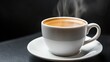© tiantian - Steaming white coffee cup on saucer against black background, highlighting the allure of a fresh, hot beverage.