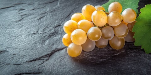 Poster - A cluster of ripe, golden-yellow grapes rests on a dark slate surface, a single green vine leaf partially visible beside it, showcasing the fruit's natural beauty and texture. : Generative AI