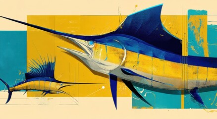 Poster - Stylized illustration of two sailfish, a large blue and yellow one and a smaller one, set against a vibrant yellow and teal geometric background. : Generative AI