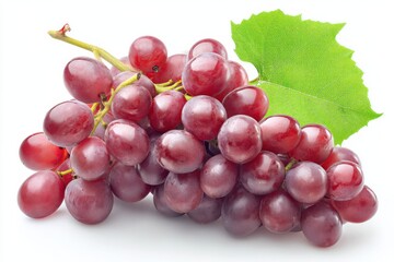 Poster - A bunch of ripe red grapes with a vibrant green leaf, freshly picked and ready to eat, showcasing their juicy texture and rich color against a clean white background. : Generative AI