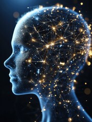 Leinwandbilder - AI-generated image depicting a female head profile, constructed from a network of glowing lines and nodes, suggesting digital consciousness or neural connections. : Generative AI