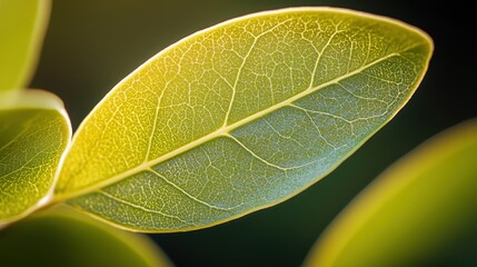 Leinwandbilder - Close-up view of a vibrant green leaf, showcasing intricate vein details and illuminated by sunlight, creating a natural, botanical texture. : Generative AI
