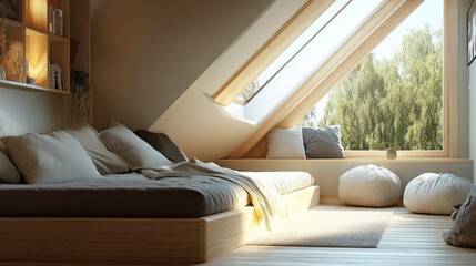 Poster - Serene attic bedroom with wooden platform bed, soft pillows, and large dormer window offering a view of lush green trees. : Generative AI