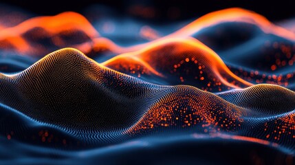 Poster - Abstract digital landscape with glowing orange and blue particles forming undulating waves, creating a futuristic and technological aesthetic. : Generative AI
