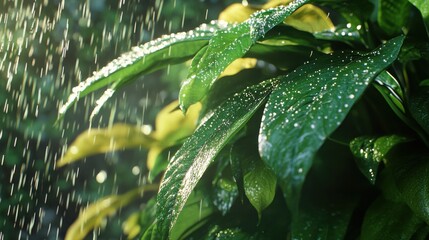 Poster - Close-up of lush green leaves glistening with raindrops, sunlight filtering through, creating a vibrant and refreshing natural scene. : Generative AI