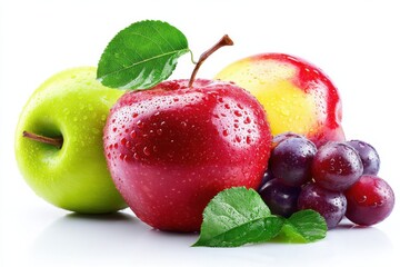 Poster - A vibrant still life featuring a red apple, a green apple, a yellow-red apple, and a bunch of red grapes, all glistening with water droplets and adorned with fresh green leaves. : Generative AI