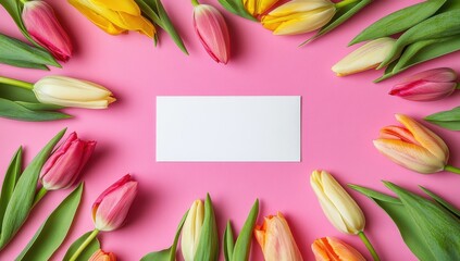 Poster - Pink background with colorful tulips arranged around a blank white card, perfect for spring greetings or announcements. : Generative AI