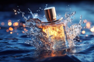 Aufkleber - Luxury perfume bottle submerged in water, creating a dynamic splash with golden light reflecting off the liquid inside, set against a bokeh background of warm lights. : Generative AI