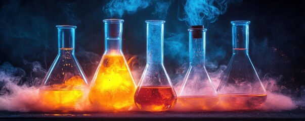 Poster - Five Erlenmeyer Flasks Filled with Glowing Liquids, Surrounded by Colorful Smoke and Vapor, Illuminated with Dramatic Lighting. : Generative AI