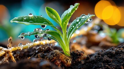 Poster - A vibrant green sprout emerges from rich soil, glistening with morning dew, showcasing the beauty of new life and growth against a blurred bokeh background. : Generative AI