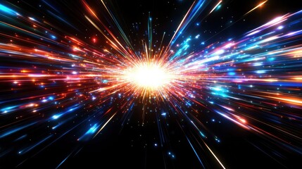 Poster - Vibrant cosmic explosion with radiating multicolored light streaks and bright sparkles against a black background, creating a dynamic and energetic visual effect. : Generative AI