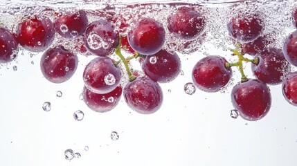 Poster - Red grapes submerged in water, creating a vibrant and refreshing image with air bubbles surrounding the fruit.  The scene is bright, clean, and evokes feelings of freshness and health. : Generative AI