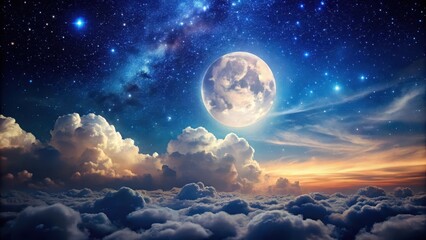 Wall Mural - Dark celestial canvas with vibrant starry sky and puffy white clouds drifting across the horizon under a bright full moon , lunar phase, celestial body
