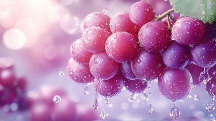 Poster - A cluster of pink grapes, glistening with water droplets, hangs from a vine against a soft, bokeh background.  The image evokes freshness and natural beauty. : Generative AI