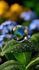 Poster - A glass globe depicting planet earth rests gently on a dew-kissed leaf, surrounded by a soft-focus backdrop of blue and yellow flowers, symbolizing environmental harmony. : Generative AI