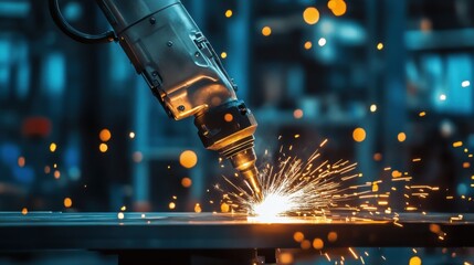Leinwandbilder - Industrial robot arm precisely welds metal, creating a shower of bright sparks in a modern factory setting.  The scene is dynamic and showcases advanced manufacturing technology. : Generative AI