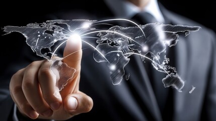 Aufkleber - A businessman's finger interacts with a glowing digital world map, illustrating global connectivity and networking in business. : Generative AI