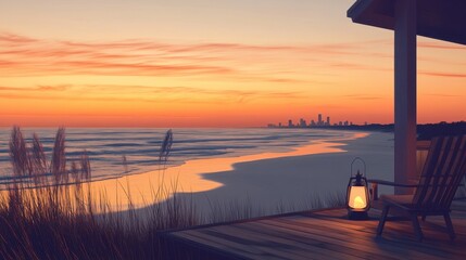 Poster - Serene sunset view from a beach house deck, overlooking a calm ocean and distant city skyline at dusk. A lantern glows softly on the wooden planks, adding to the tranquil atmosphere. : Generative AI