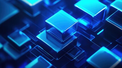 Fototapete - Abstract composition of vibrant blue cubes, reflecting light and creating a dynamic, technological aesthetic.  The glossy surfaces and sharp angles suggest a modern, futuristic design. : Generative AI