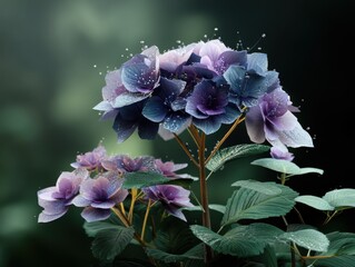 Poster - Close-up view of a vibrant purple hydrangea flower cluster, adorned with glistening dewdrops, set against a softly blurred green background. : Generative AI