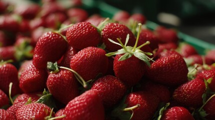 Poster - A close-up view of a pile of ripe, red strawberries, their green caps still attached, glistening under sunlight.  The vibrant color and juicy texture are prominent. : Generative AI