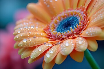 Poster - Close-up of a vibrant orange gerbera daisy, glistening with morning dew, showcasing intricate details of its petals and central disc. : Generative AI