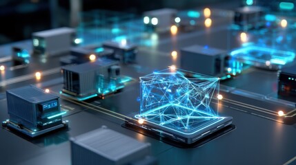 Poster - Futuristic smart logistics network: digital cube representing data flow among autonomous delivery trucks and containers in a high-tech warehouse. : Generative AI