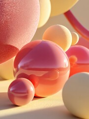 Poster - Abstract composition of glossy spheres in coral, peach, and cream tones, arranged on a pale yellow surface, illuminated by soft sunlight. : Generative AI