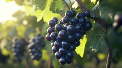 Poster - A single bunch of ripe, dark purple grapes hangs from a vine, bathed in warm sunlight;  lush green leaves frame the scene, suggesting a vineyard setting at harvest time. : Generative AI
