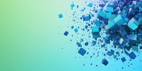 Fototapete - Abstract explosion of vibrant teal cubes against a soft mint green gradient background.  A dynamic, energetic composition ideal for technology, innovation, or digital concepts. : Generative AI