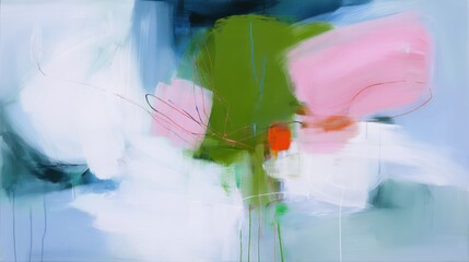 Aufkleber - Abstract painting with pink, green, and blue hues, featuring expressive brushstrokes and flowing lines creating a serene and dynamic composition. : Generative AI