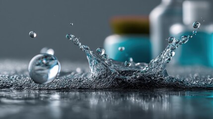 Poster - Close-up of a water droplet splash, creating a crown-like shape, with small bubbles and a reflective surface.  Teal containers are blurred in the background. : Generative AI