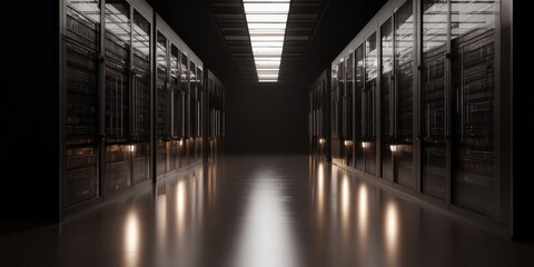 Fototapete - A long corridor in a modern data center, lined with rows of dark server racks, illuminated by soft lighting, creating a sleek and technological atmosphere. : Generative AI