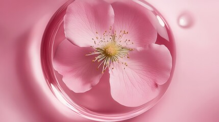 Poster - A delicate pink flower floats serenely within a translucent sphere, nestled on a soft pink background, creating a tranquil and elegant scene. : Generative AI