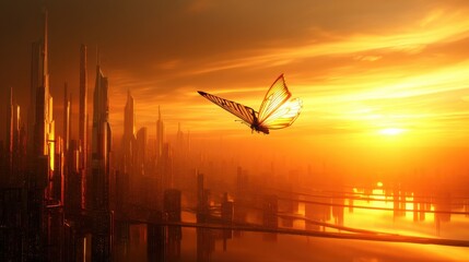 Poster - A large butterfly flies over a futuristic city at sunset, casting a warm golden glow on the skyscrapers and waterways. : Generative AI