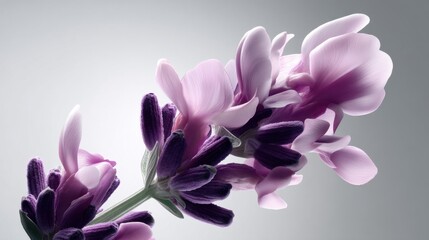 Poster - Close-up of delicate lavender blossoms, showcasing intricate purple and pink petals, soft lighting, and a serene atmosphere. : Generative AI