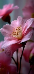 Poster - Close-up of a delicate pink camellia blossom, showcasing its intricate stamens and soft petals.  The flower is subtly illuminated, creating a soft, romantic mood. : Generative AI