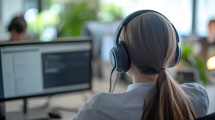 Fototapete - Woman programmer with headphones works at computer, back view, modern office setting.  Focus on long brown hair, code visible on screen. : Generative AI