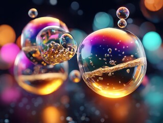 Aufkleber - Vibrant iridescent bubbles with golden liquid inside, floating against a bokeh background of colorful lights.  A mesmerizing display of light refraction and surface tension. : Generative AI