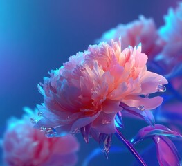 Poster - Close-up of a vibrant pink peony flower with iridescent petals and water droplets, illuminated by neon blue and pink light, creating a surreal and dreamy atmosphere. : Generative AI