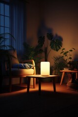 Poster - Warm evening light illuminates a cozy living room scene, featuring a comfortable armchair, side table, and lush indoor plants, creating a serene and inviting atmosphere. : Generative AI