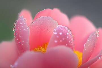 Poster - Close-up of a pink peony blossom, delicately adorned with morning dew, showcasing the intricate details of its petals and the glistening water droplets. : Generative AI