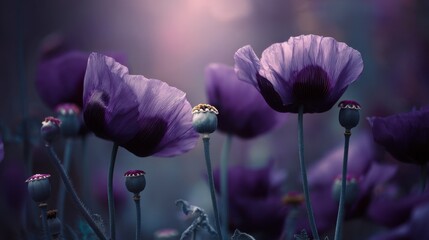 Poster - Close-up view of several purple poppies in a field, their delicate petals and seed pods bathed in soft, diffused light, creating a serene and dreamy atmosphere. : Generative AI