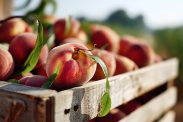 Poster - Ripe peaches in a rustic wooden crate, sunlight illuminating the juicy fruit and green leaves, suggesting a fresh farm harvest. : Generative AI