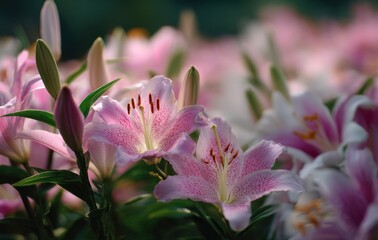 Poster - Close-up view of delicate pink lilies with speckled petals, illuminated by soft sunlight, showcasing their intricate details and vibrant colors in a garden setting. : Generative AI