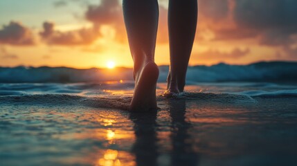 Poster - Silhouette of woman's legs walking on beach at sunset, ocean waves gently lapping around her feet, warm golden light illuminating the scene. : Generative AI