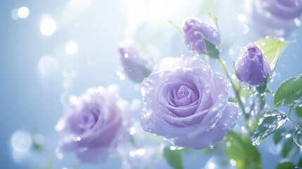 Poster - Close-up of lavender roses glistening with morning dew, soft light bokeh background, delicate petals, romantic floral image. : Generative AI