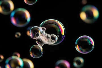 Poster - Close-up shot of iridescent soap bubbles floating against a black background, showcasing their reflective surfaces and intricate foam structures. : Generative AI