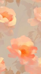 Poster - Peach-colored roses painted in a soft, impressionistic style on a muted beige background, creating a serene and elegant floral pattern. : Generative AI